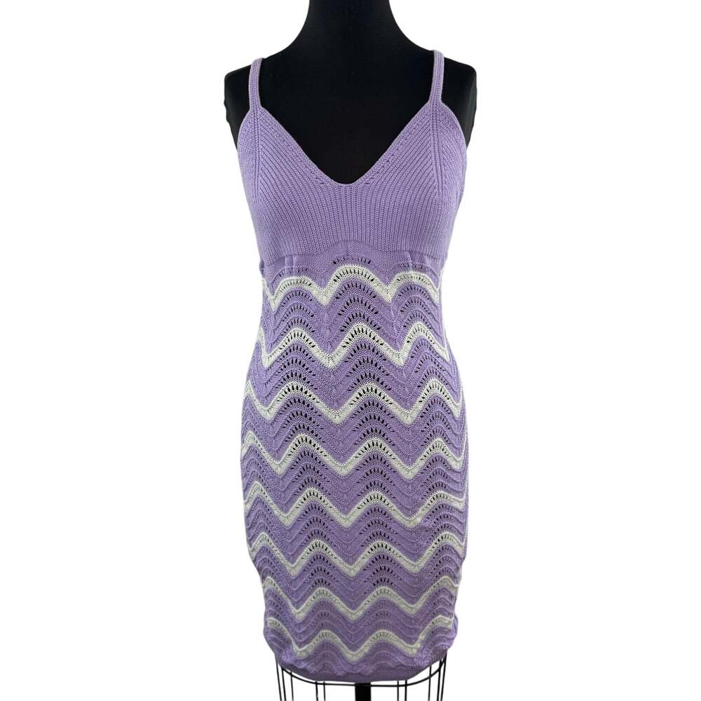 H&M Purple White Bodycon Dress Crochet Fine-Knit V-Neck Cross Back Strap Large L